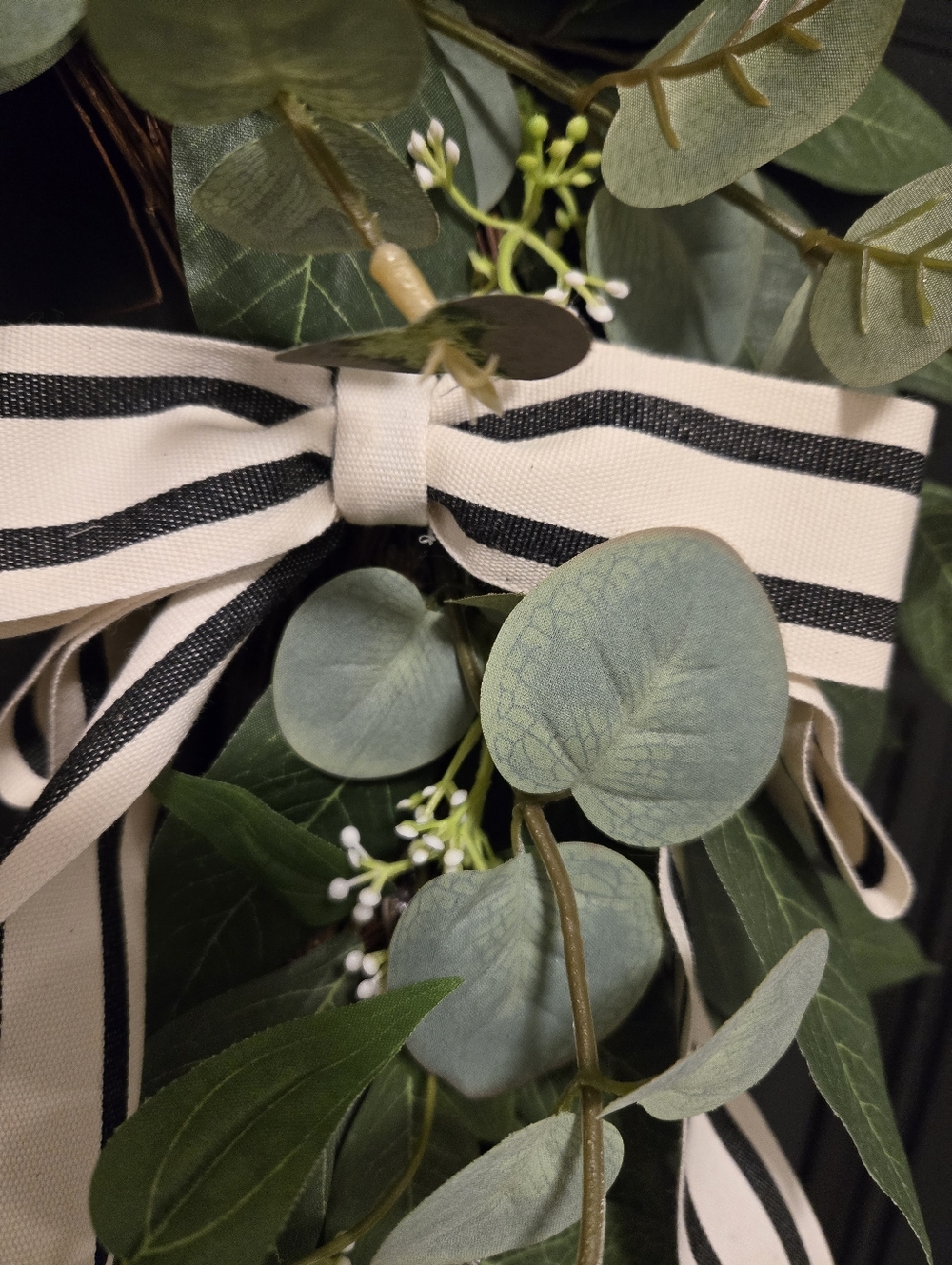 Spring Everyday Wreath  with Pink Peony, Renunculus, Greenery, and Striped Bow - Picture 3 of 5